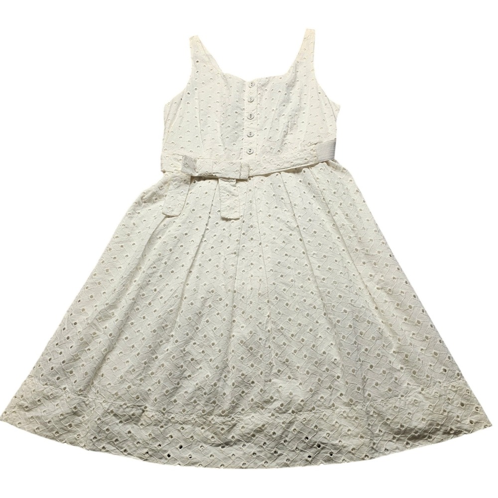 Cream Eyelet Button Front Sleeveless Belted Midi Dress Womens Small Off White